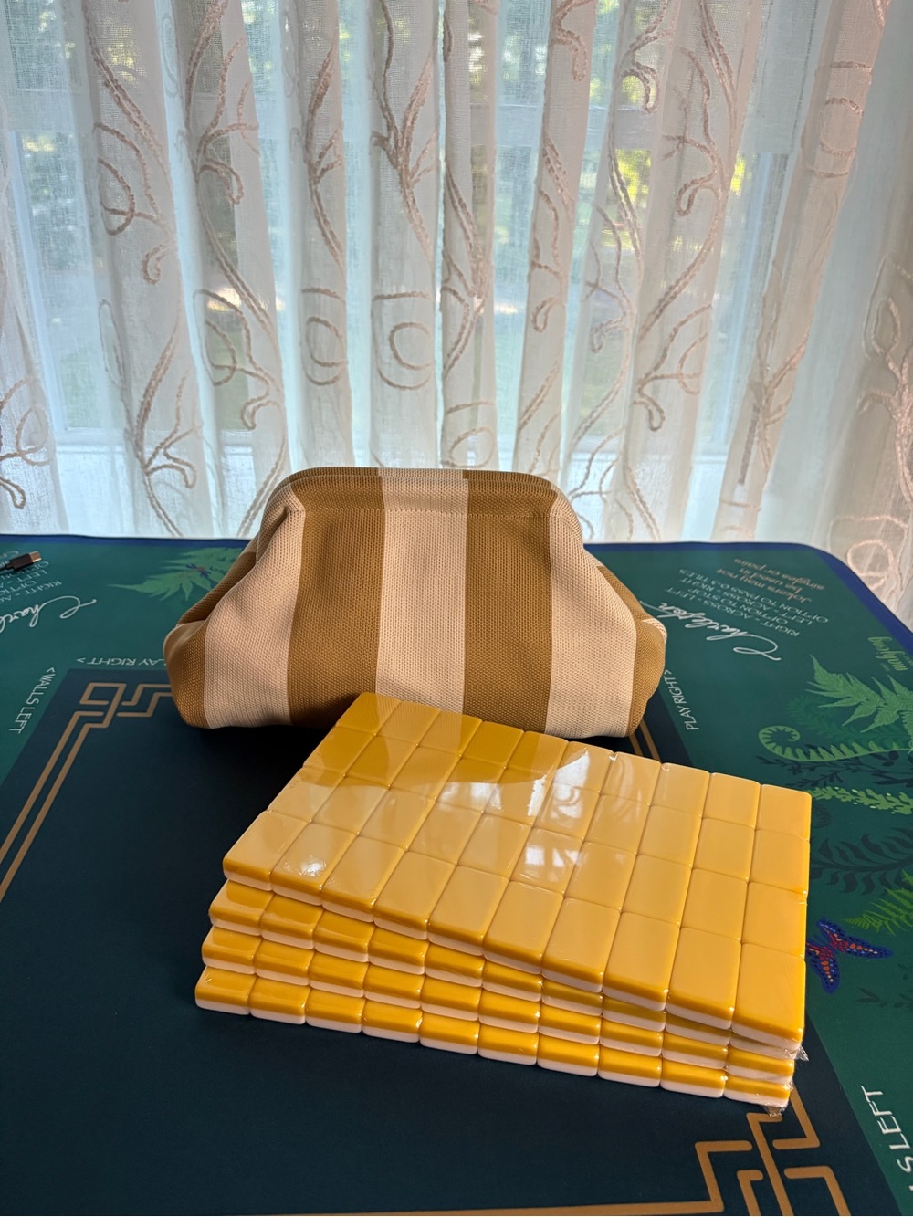 Butterscotch Heron 🦅 Mahjong Tiles 🀄️💛 with Tile Bag & Pearly Dice 🎲